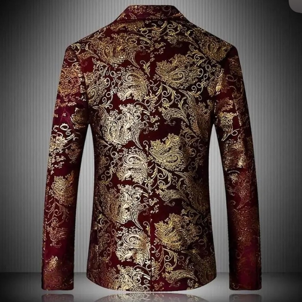 Gold and Burgundy Velvet Paisley Blazer - Picture 7 of 14